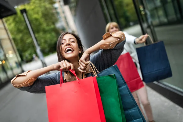 Group Happy Women Friends Shopping City Having Fun — Stock Photo, Image