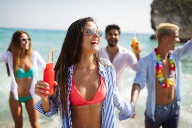 Bir grup mutlu arkadaş yazın sahilde içki içip eğleniyorlar.