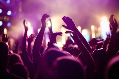 Müzik festivalinde elleri havada neşeli bir kalabalık.