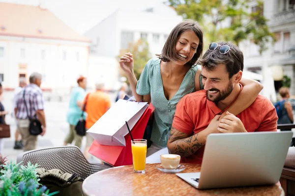 Casal Amoroso Divertindo Restaurante Compras Data Trabalho Conceito Pessoas Felizes — Fotografia de Stock