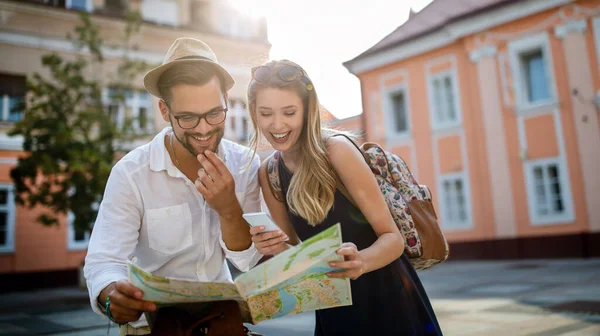 Happy Tourist Couple Love Dating Laughing Vacation — Stock Photo, Image