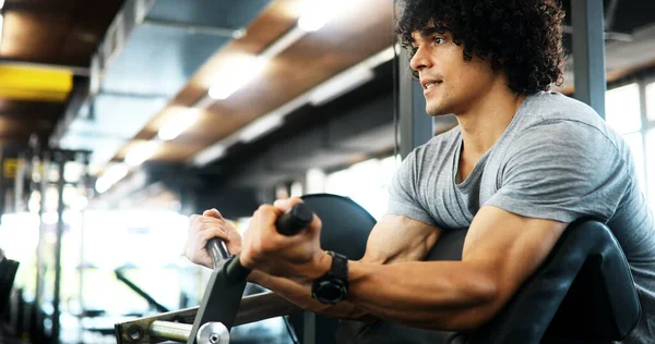 Muscular Fit Man Working Out Gym Doing Exercises Dumbbells Biceps — Stock Photo, Image