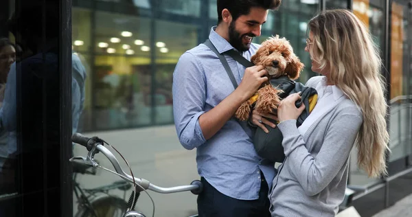 Glückliches Paar Verliebt Spaziergänge Mit Hund Und Lächeln Freien — Stockfoto