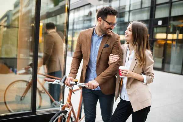 Happy Office Woman Business Man Couple Enjoined Break While Talking — Stok Foto