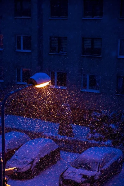 Падение Снега Свете Фонаря Улице Зимний Вечер — стоковое фото