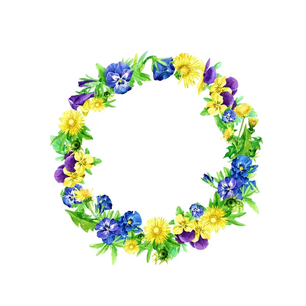 Frame Wreath Dandelion Violet Flowers Painted Watercolor — Stock Photo, Image