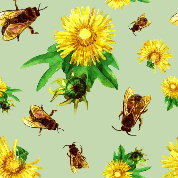 Seamless pattern of dandelions and bees in watercolor.