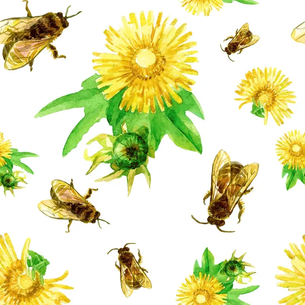 Seamless pattern of dandelions and bees in watercolor.