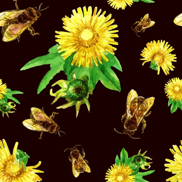 Seamless pattern of dandelions and bees in watercolor.