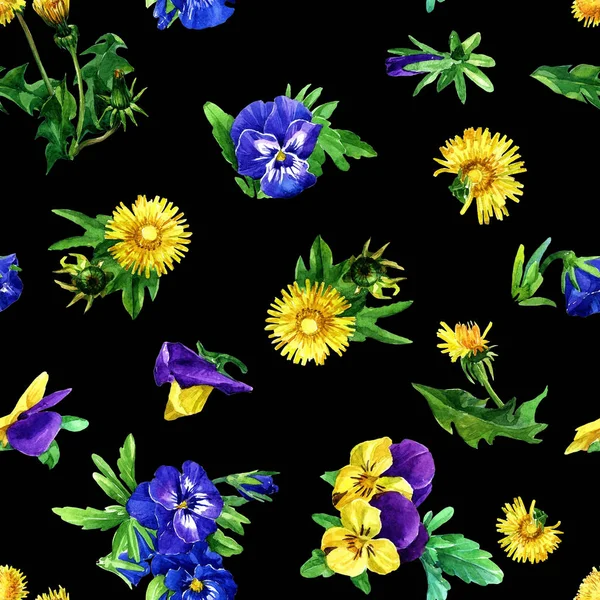 タンポポの花と水彩で描かれたスミレのシームレス パターン — ストック写真