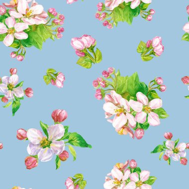 Çiçekli dallar olan elma ağaçlarının suluboya seamless modeli.