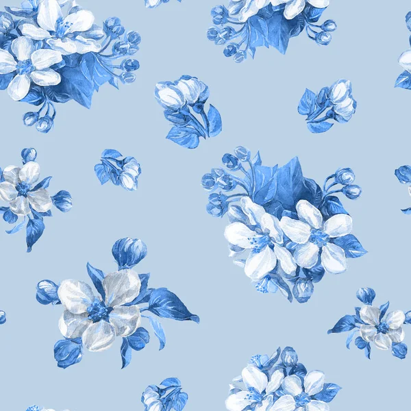 Akvarelu Vzor Bezešvé Kvetoucích Větví Jabloní — Stock fotografie
