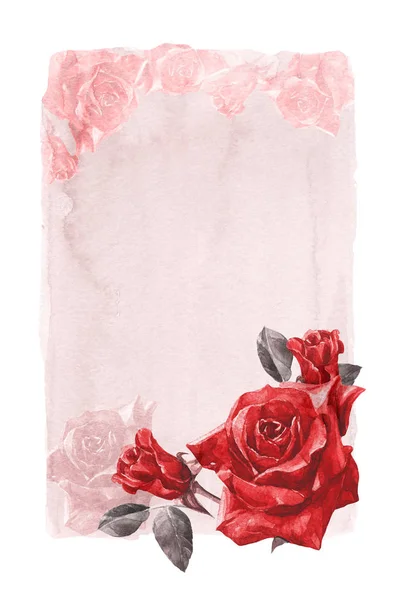 Frame Red Roses Watercolor Isolated White Background — Stock Photo, Image