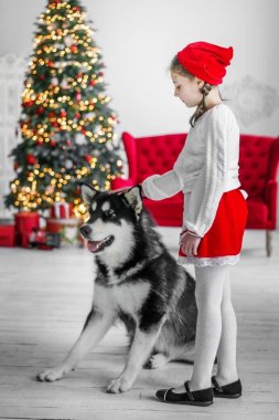 Çocuk kostüm ile büyük bir köpek başlıklı küçük kırmızı.