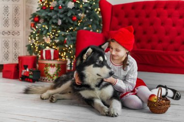Çocuk kostüm ile büyük bir köpek başlıklı küçük kırmızı.