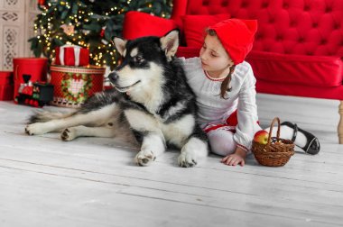 Çocuk kostüm ile büyük bir köpek başlıklı küçük kırmızı.
