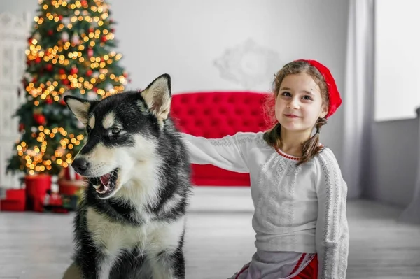 Ребенок Костюме Красная Шапочка Большой Собакой — стоковое фото