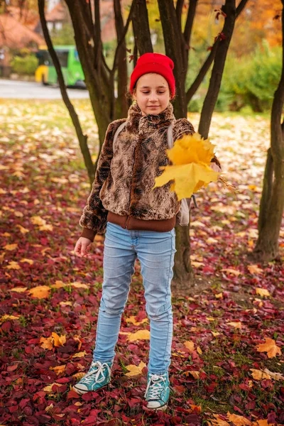 Uśmiechnięte Dziewczyny Wieku Szkolnym Holding Żółte Liście Chodzić Jesieni Park — Zdjęcie stockowe