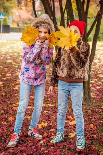 Dwie Dziewczyny Dzieci Żółty Jesienią Liści Śmiejąc Się — Zdjęcie stockowe
