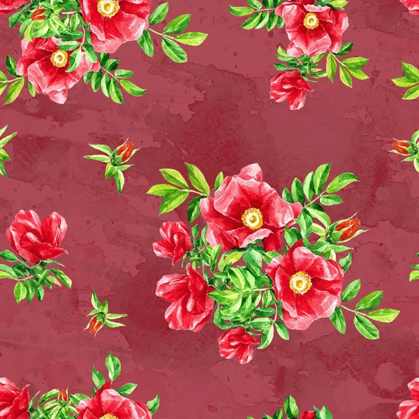 野生玫瑰花的水彩重复图案 — 图库照片