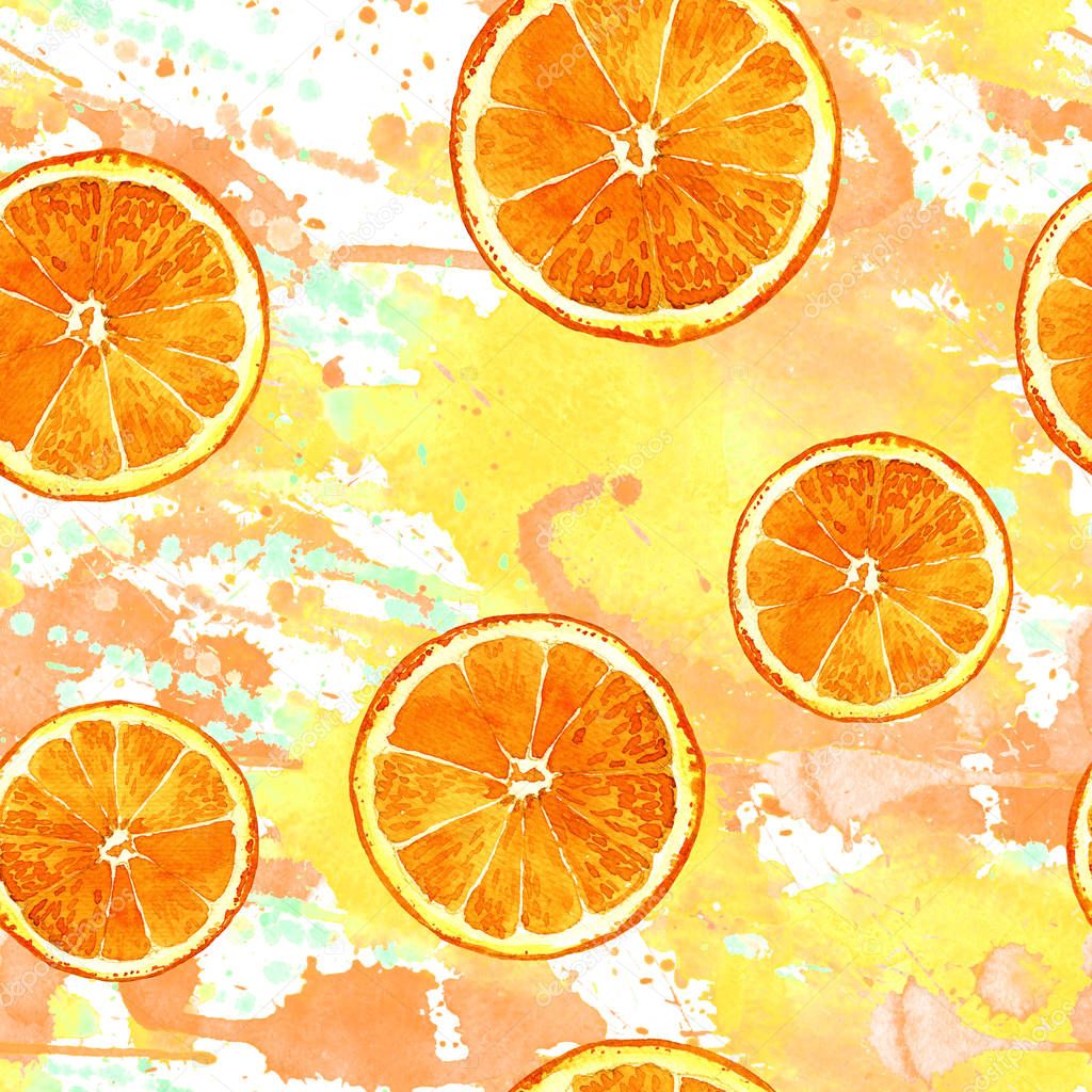 Watercolor seamless pattern of cut oranges painted in watercolor.