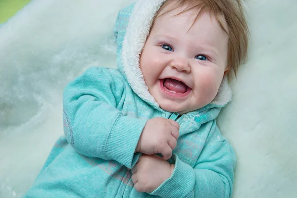 Portrait Funny Baby Overalls Baby Laughs — Stock Photo, Image