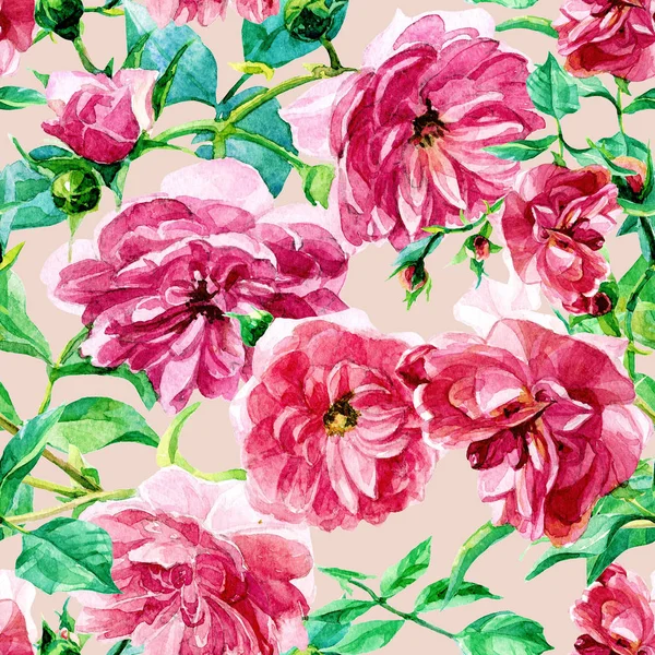 Seamless pattern of large roses painted in watercolor.