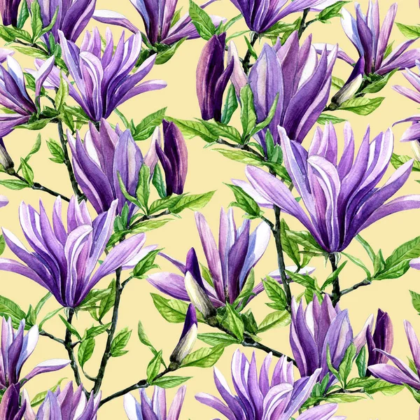 Seamless pattern of Magnolia flowers painted in watercolor.