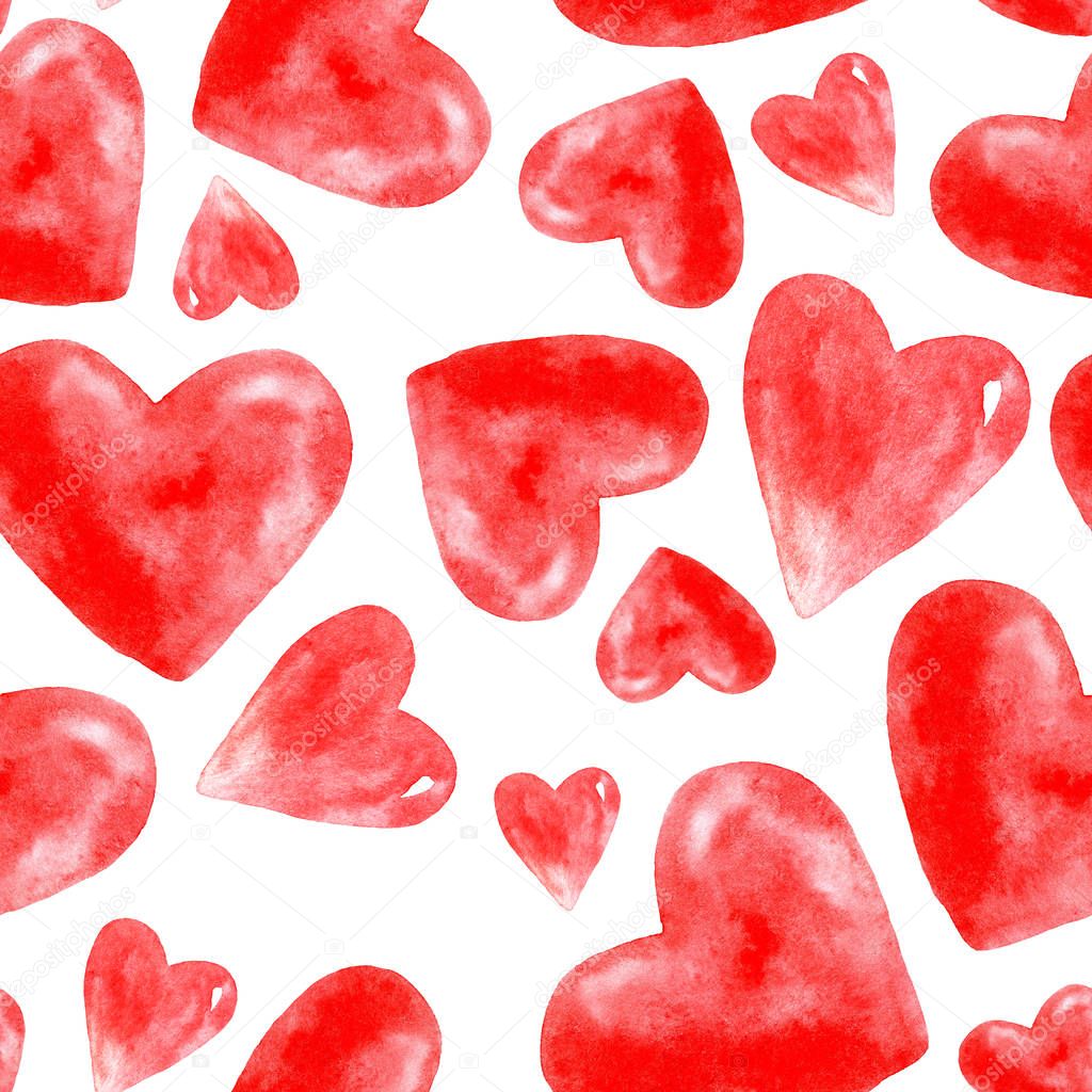 Watercolor seamless pattern of hearts.