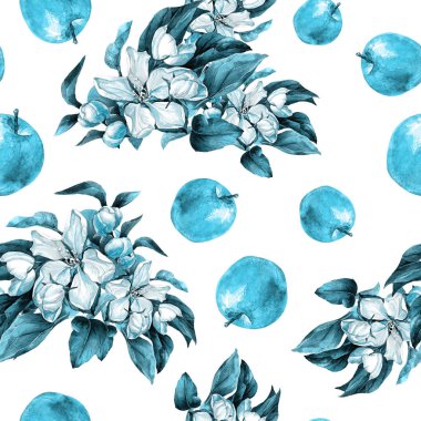 Elma ağacının suluboya desensiz dalları, Elma çiçeği ve elmalar.