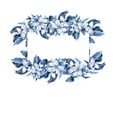 Çerçeve, bahar çiçeklerinin kartı suluboya, çiçek açan elma dalları.