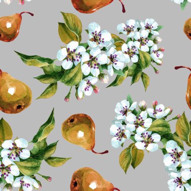 Bahar bahçesinde çiçek açan armut dallarının kusursuz deseni suluboya..