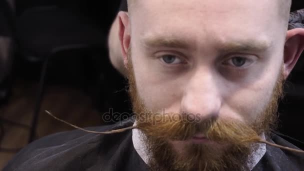 Mens hairstyling and haircutting in a barber shop or hair salon. — Stock Video