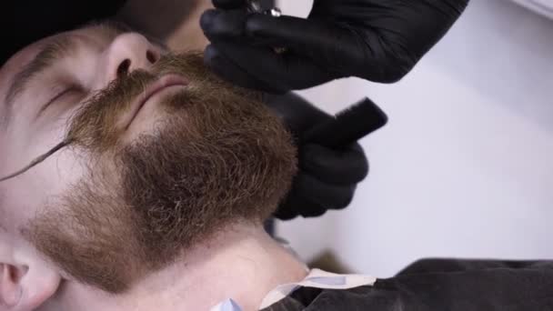 Mens hairstyling en haircutting in een kapper winkel of haar salon. — Stockvideo