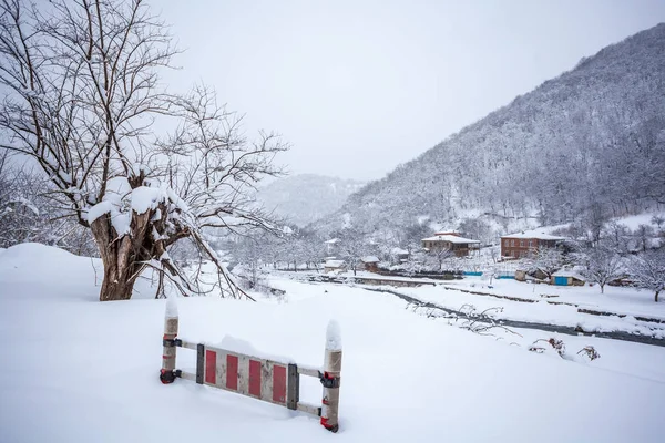 Villaggio coperto di neve sul passo Rikota, Georgia — Foto Stock