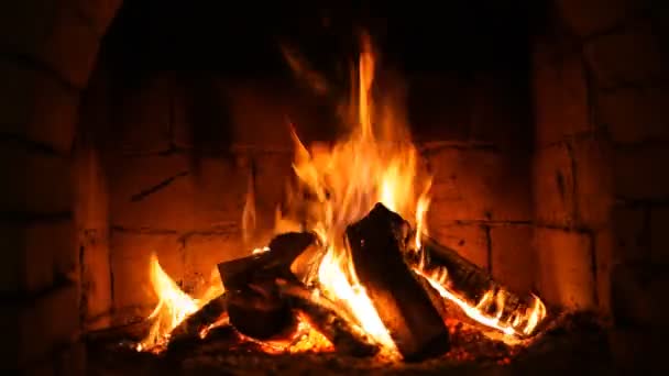 Feu dans la cheminée. Gros plan de bois de chauffage brûlé par le feu — Video