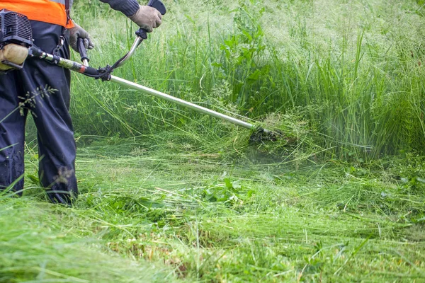 O jardineiro cortando grama por cortador de grama — Fotografia de Stock