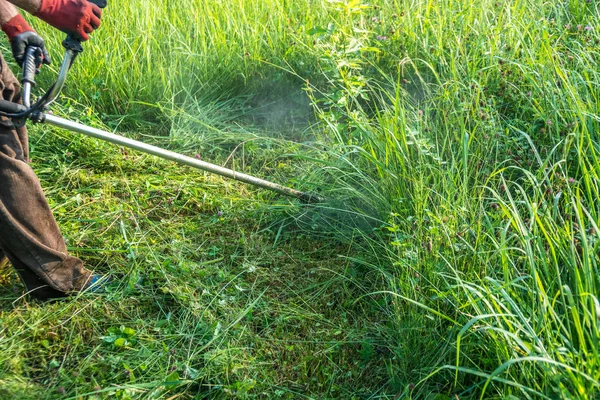O jardineiro cortando grama por cortador de grama — Fotografia de Stock
