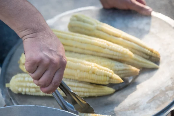Kokt färsk vit majs på gata mat — Stockfoto