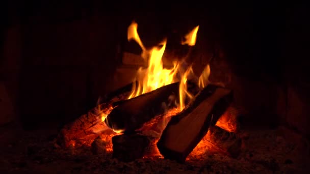 Ein Feuer brennt in einem Kamin, Feuer, um warm zu bleiben — Stockvideo