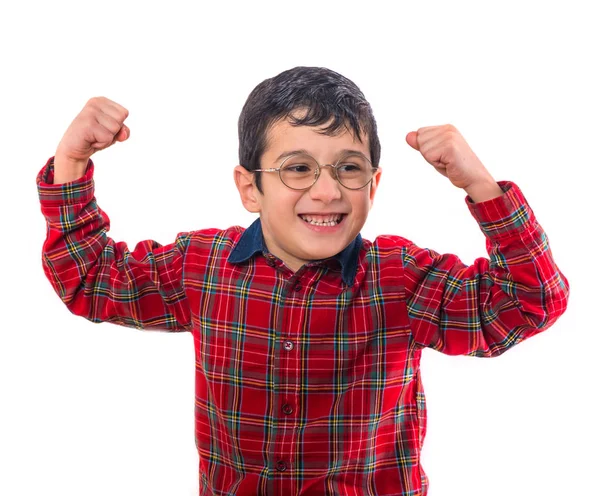 Un niño con gafas levantó las manos. Aislado en bac blanco — Foto de Stock