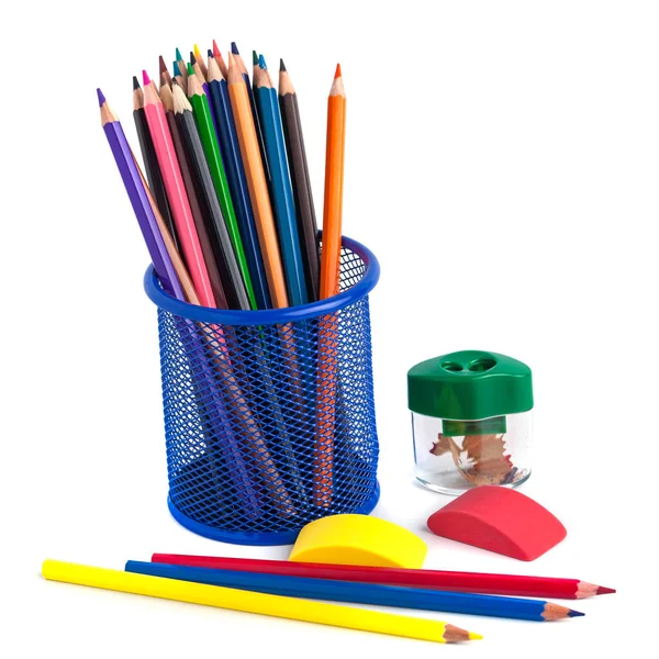 Colored pencils in the basket, Eraser and pencil sharpener on wh — Stock Photo, Image