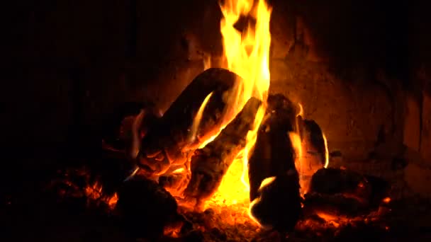 Ein Feuer brennt in einem Kamin, Feuer, um warm zu bleiben — Stockvideo