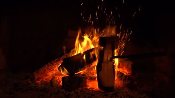 Ein Feuer brennt in einem Kamin, Feuer, um warm zu bleiben — Stockvideo