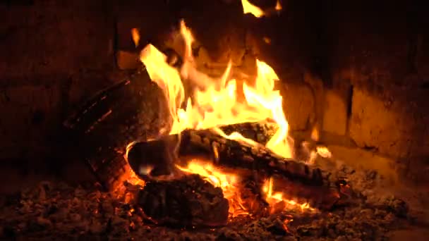 У каміні горить вогонь, щоб зігрітися — стокове відео