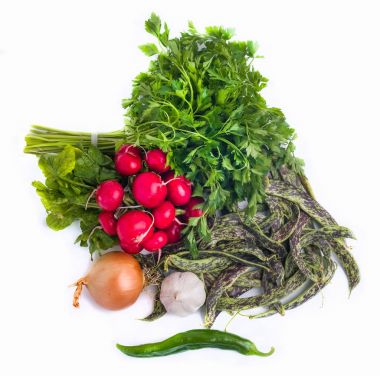 Taze Borlotti fasulye, sarımsak, soğan, maydanoz ve athe sebze 