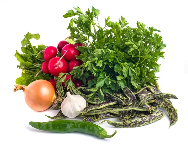 Haricots Borlotti frais, ail, oignon, persil et athe légumes — Photo