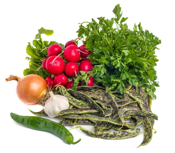 Frische Borlotti-Bohnen, Knoblauch, Zwiebeln, Petersilie und Gemüse — Stockfoto