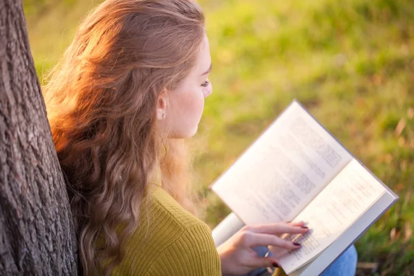 Linda jovem loira sentada e lendo livro em um parque — Fotografia de Stock