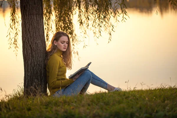 Linda jovem loira sentada e lendo livro em um parque — Fotografia de Stock